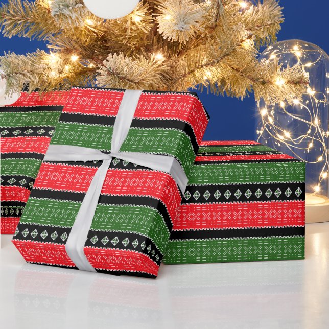 Red Green And Black Mudcloth Wrapping Paper (Holidays)