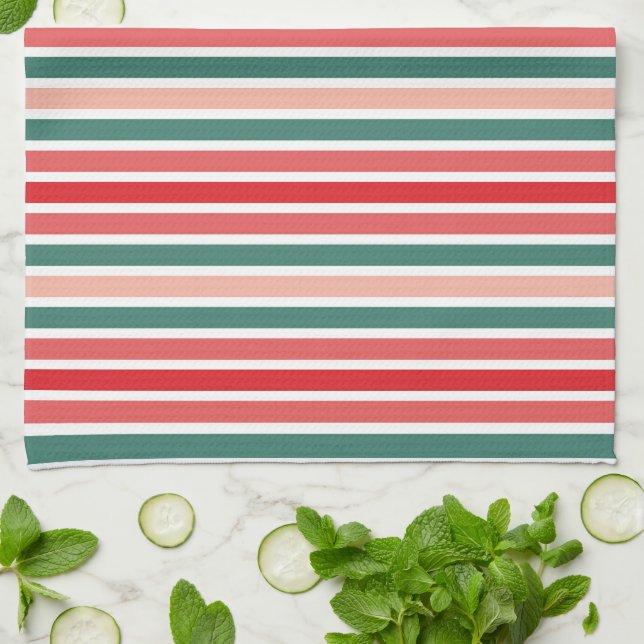 Red, Green and Blush Festive Stripe Kitchen Towels (Folded)