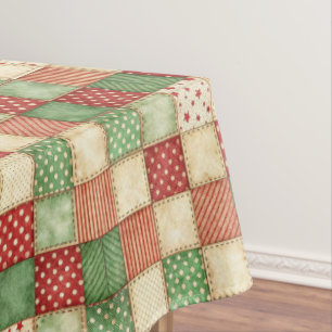 Red Green and Cream Patchwork Quilt Look Tablecloth