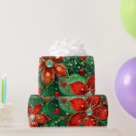 Red green and Gold Glittery Christmas Pattern Wrapping Paper<br><div class="desc">Gre glittery Christmas flowers with green and gold accents.</div>
