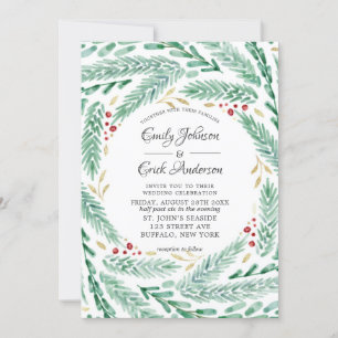 Red Green and Gold Pine Leaves Christmas Wedding Invitation