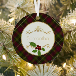 Red, Green And Gold Plaid With Name Christmas Metal Tree Decoration