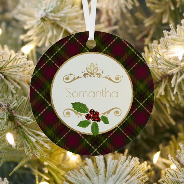 Red, Green And Gold Plaid With Name Christmas Metal Tree Decoration (Insitu)