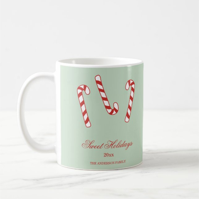 Red, Green and White Candy Cane Christmas Pattern  Coffee Mug (Left)