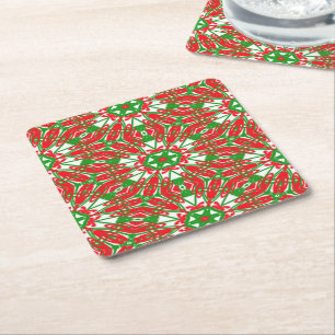 Red, Green and White Kaleidoscope Square Paper Coaster
