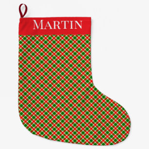Red Green and White Plaid on Point Large Christmas Stocking