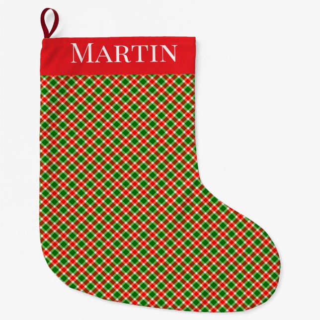 Red Green and White Plaid on Point Large Christmas Stocking (Front)