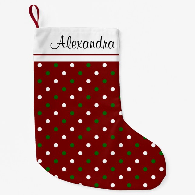 Red Green and White Polka Dot Monogram Stocking (Front)