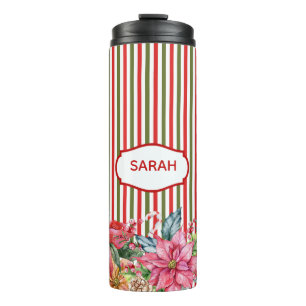 Red Green and White Stripes & Poinsettia Thermal Tumbler