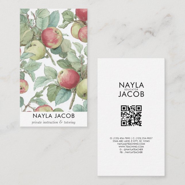 Red Green Apple Fruit Pattern Watercolor Rustic Business Card (Front/Back)