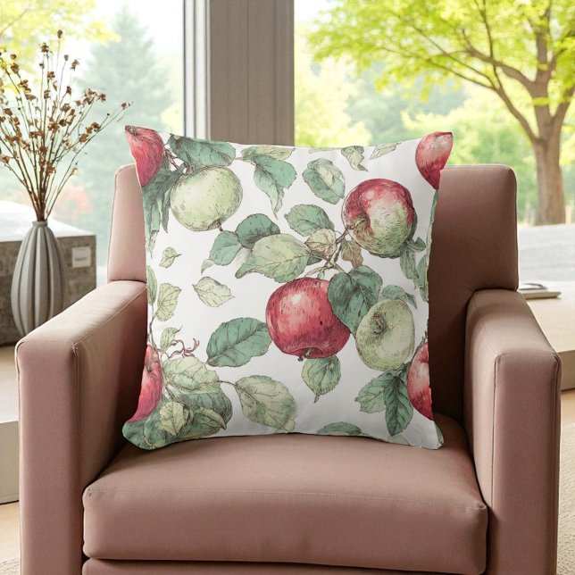Red Green Apple Fruit Pattern Watercolor Rustic  Cushion (Red Green Apple Fruit Pattern Watercolor Rustic Throw Pillow)