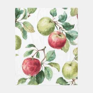Red Green Apple Fruit Pattern Watercolor Rustic  Fleece Blanket