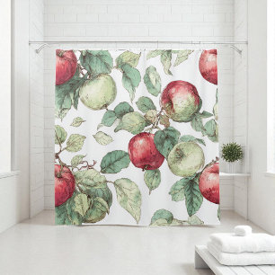 Red Green Apple Fruit Pattern Watercolor Rustic Shower Curtain