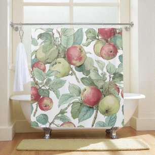 Red Green Apple Fruit Pattern Watercolor Rustic  Shower Curtain