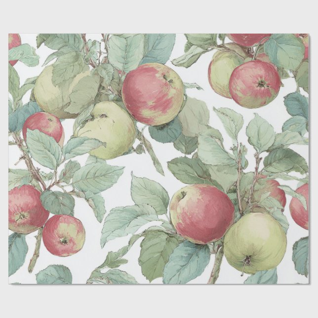 Red Green Apple Fruit Pattern Watercolor Rustic  Wrapping Paper (Flat)