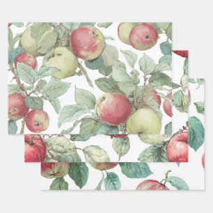 Red Green Apple Fruit Pattern Watercolor Rustic  Wrapping Paper Sheet