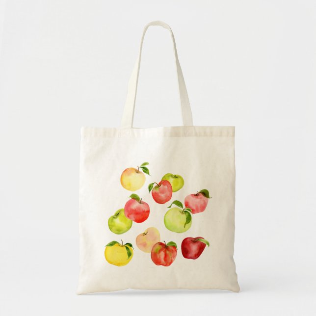 Red green apple illustration watercolor autumn tote bag (Front)
