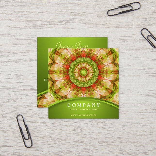 Red & Green Apples Mandala Square Business Card (Front/Back In Situ)
