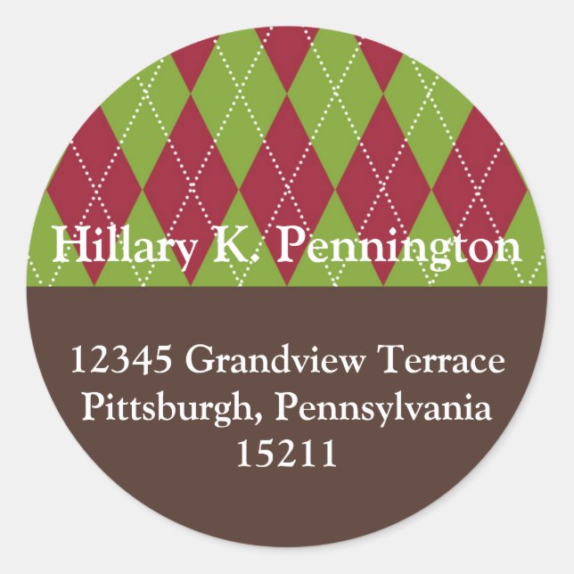 Red green argyle custom Christmas address label (Front)
