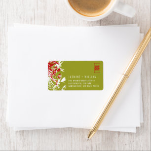 Red & Green Bamboo Leaves Chinese Wedding Address Label