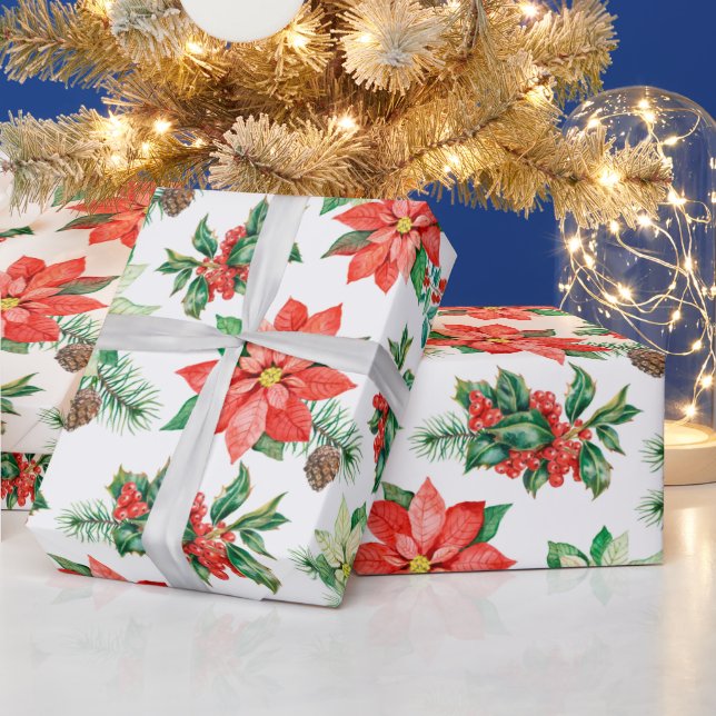 Red Green Berries Poinsettia Floral Christmas Wrapping Paper (Holidays)