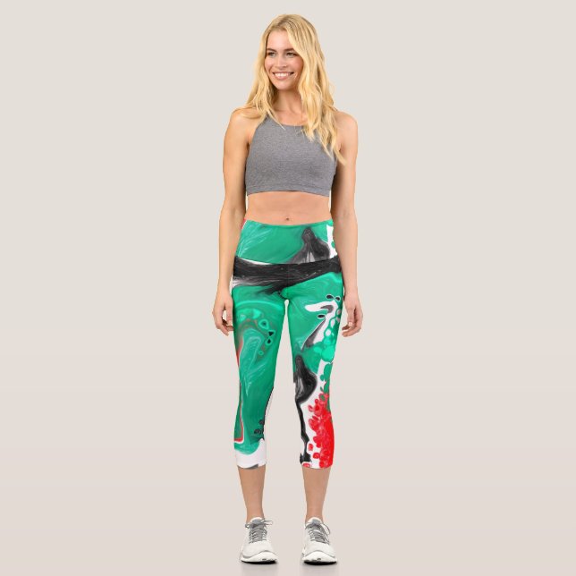 Red, Green, Black and White Marble Fluid Art    Capri Leggings (Front)