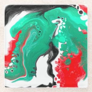 Red, Green, Black and White Marble Fluid Art    Glass Coaster