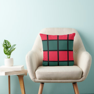 Red Green Black Chequered Stripes Pattern Cushion