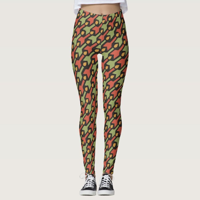 Red Green Black Egyptian Ethnic Arrows Pattern Leggings (Front)