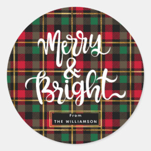 Red, Green, Black & Gold Christmas Plaid Classic Round Sticker