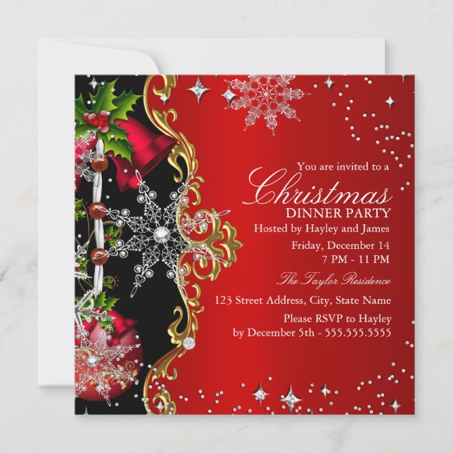 Red green Black Snowflake Christmas Dinner Party 2 Invitation (Front)