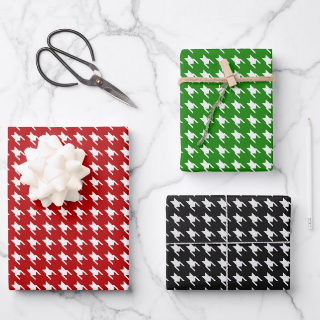 Red, Green & Black White Houndstooth Wrapping Paper Sheet (Front)