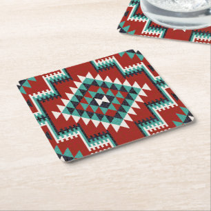 Red Green Black White Oriental Kilim Pattern Square Paper Coaster