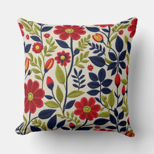 Red, green, blue and white floral cushion