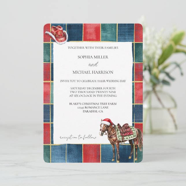 Red Green Blue Christmas Cowboy Horse Wedding Invitation (Standing Front)
