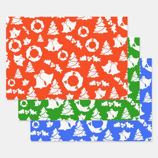 Red, Green & Blue Christmas Pattern Wrapping Paper Sheet (Set)