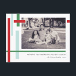 Red Green Blue Colour Strips Modern Holiday Postcard<br><div class="desc">Sleek and modern, this Christmas holiday postcard gives art museum vibes with an artful arrangement of red, green and light blue strips of colour to frame your landscape format photograph. Easy to edit text adds to the minimalist look with a longer block of text and return address on the back...</div>
