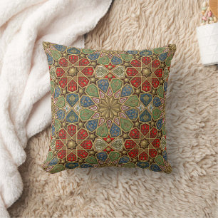 Red Green Blue Faux Gold Arabic Art Pattern Cushion