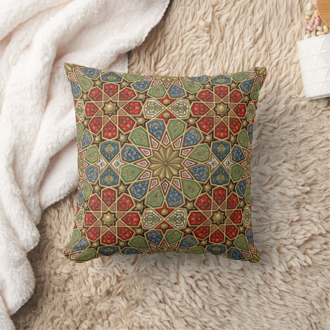 Red Green Blue Faux Gold Arabic Art Pattern Cushion (Blanket)