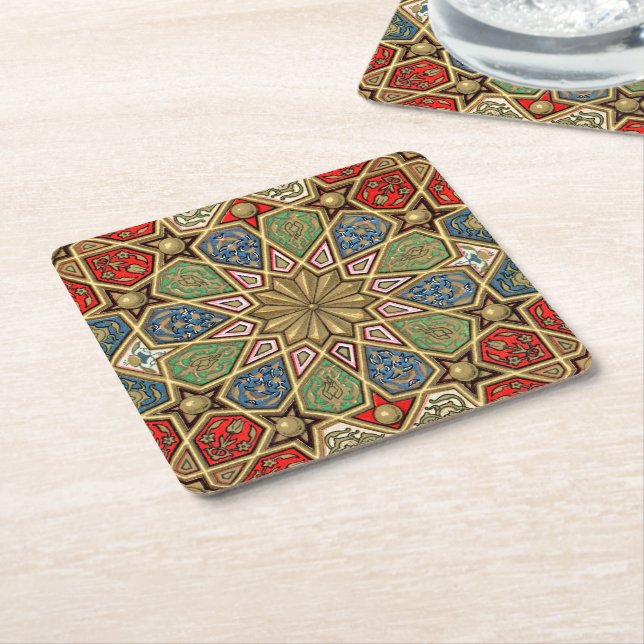 Red Green Blue Faux Gold Arabic Art Pattern Square Paper Coaster (Angled)