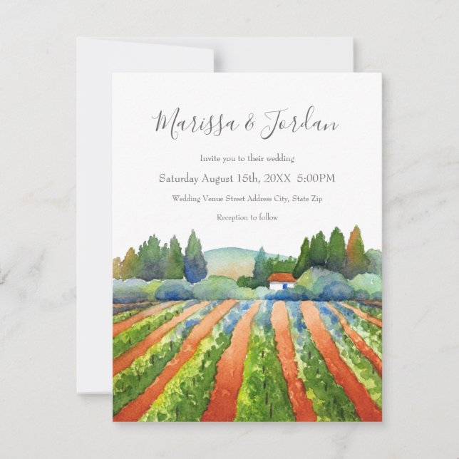 'Red Green Blue Vineyard' Watercolor Invitation (Front)