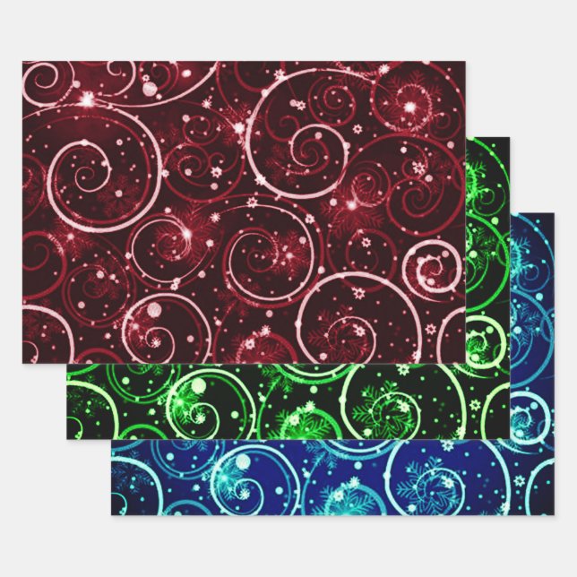 Red Green & Blue Winter Swirl Motif Wrapping Paper Sheet (Set)