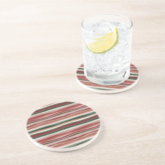 Red Green Blush White Gold Stripes Coaster (Side)