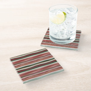 Red Green Blush White Gold Stripes Glass Coaster
