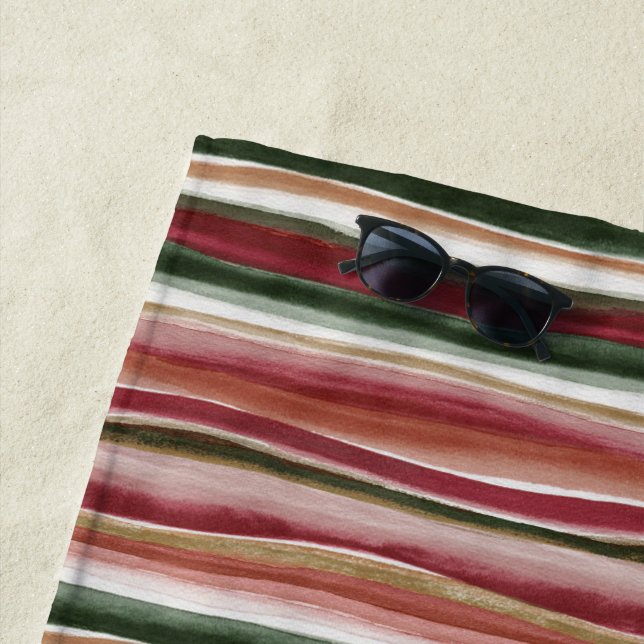 Red Green Blush White Stripes  Beach Towel (In Situ)