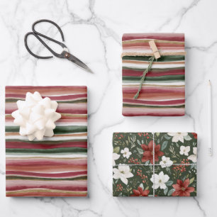 Red Green Blush White Stripes Floral Birthday Wrapping Paper Sheet