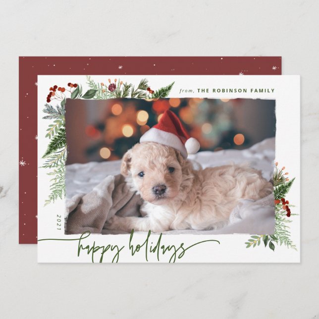 Red & Green Boho Greenery Modern Script Photo Holiday Card (Front/Back)