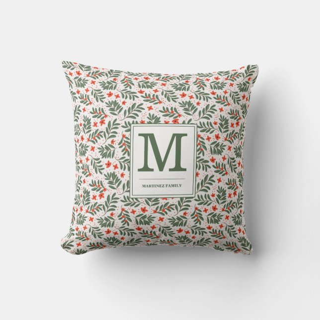 Red Green Botanical Holiday Monogram Name Cushion (Front)