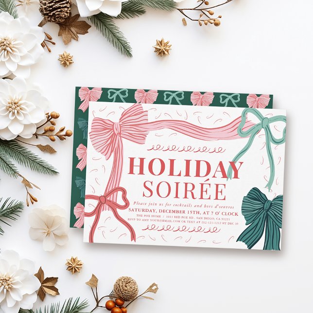 Red & Green Bows Christmas Holiday Soirée Invitation (Creator Uploaded)