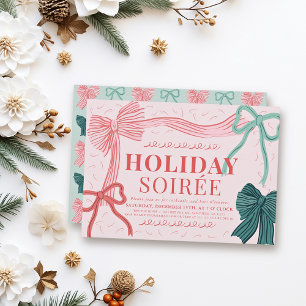 Red & Green Bows Pink Christmas Holiday Soirée Invitation